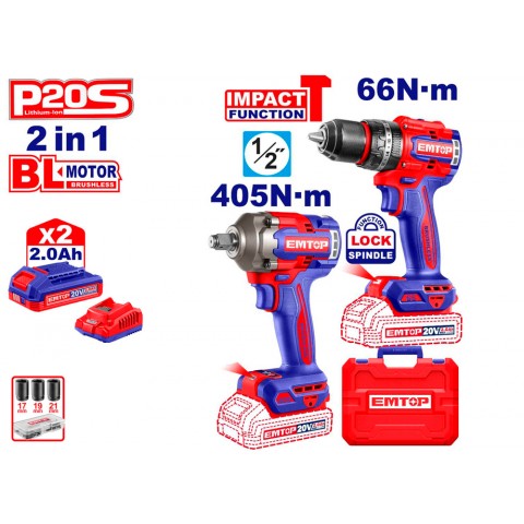 KIT TALADRO 66NM + PISTOLA IMPACTO 400NM 20V EMTOP (INCLUYE 2 BATERIAS 2Ah, CARGADOR, MALETIN) KIT TALADRO 66NM + PISTOLA IMPACTO 400NM 20V EMTOP (INCLUYE 2 BATERIAS 2Ah, CARGADOR, MALETIN)