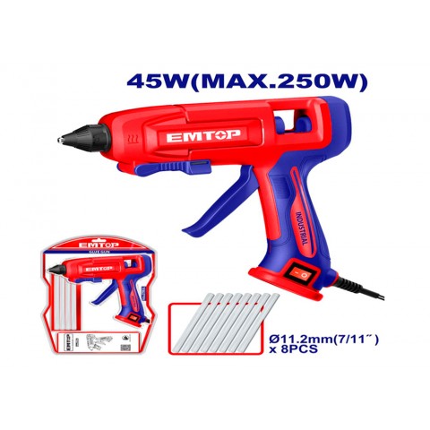 PISTOLA ELECTRICA SILICONA 45W EMTOP (INCLUYE 8 BARRAS PEGAMENTO 11.2mm)