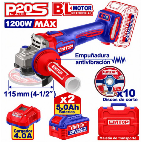 AMOLADORA 115MM M14 20V BRUSHLESS P20S (CON 2xBAT 5.0Ah, CARGADOR, MALETIN Y 10xDISCOS)