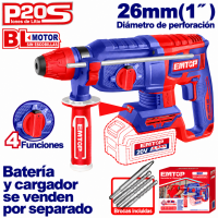 MARTILLO SDS PLUS BATERIA EMTOP 20V 2,5J 26mm P20S (INCLUYE 3 BROCAS Y 1 CINCEL) MARTILLO SDS PLUS BATERIA EMTOP 20V 2,5J 26mm P20S (INCLUYE 3 BROCAS Y 1 CINCEL)