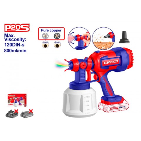 Pistola de pintura com bateria 20V 0,1-0,2bar 800ml/min - P20S EMTOP (NÃO INCLUI BATERIA E CARREGADOR)